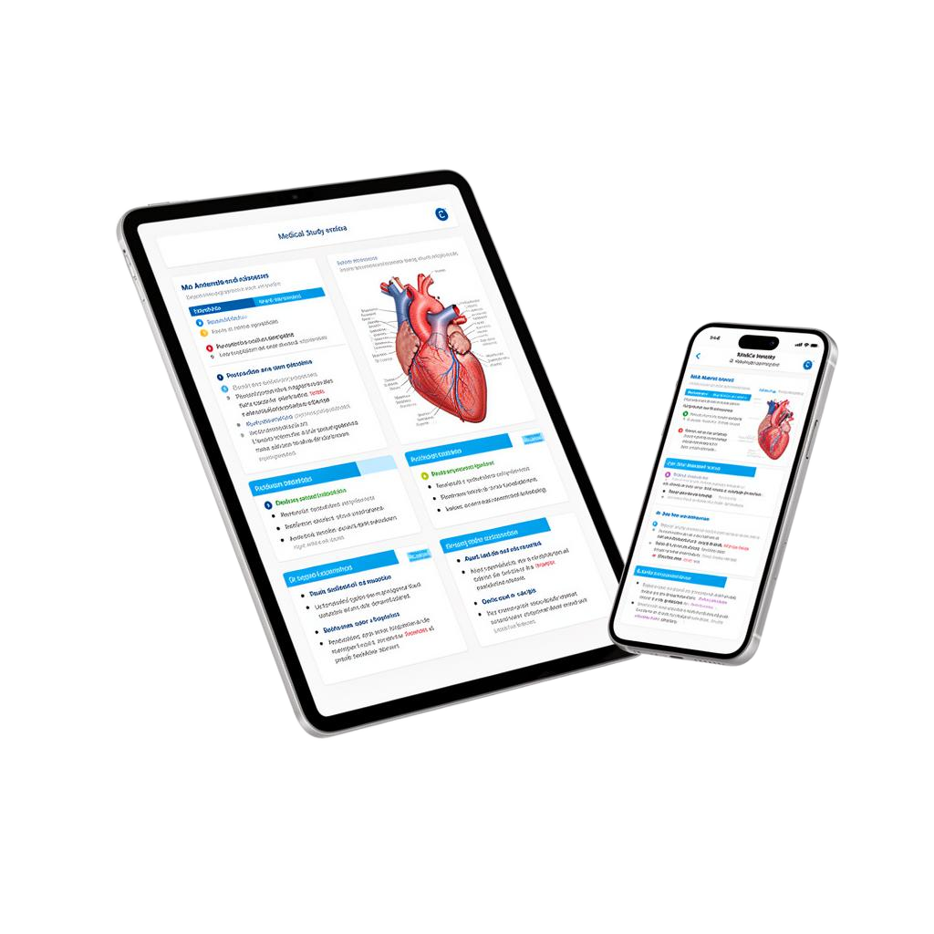 Tablet and smartphone displaying The Med School cardiovascular notes with anatomy diagrams